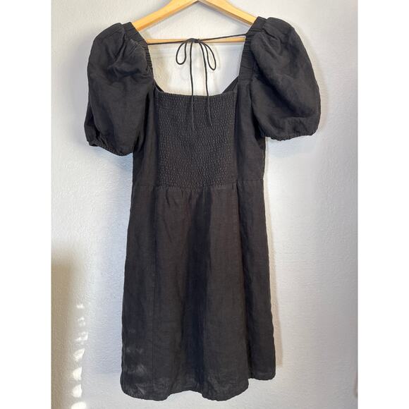 And Other Stories Short Black Linen Mini Bow Knot Dress Sz 6 Eur 38 Smocked Back - Picture 6 of 8